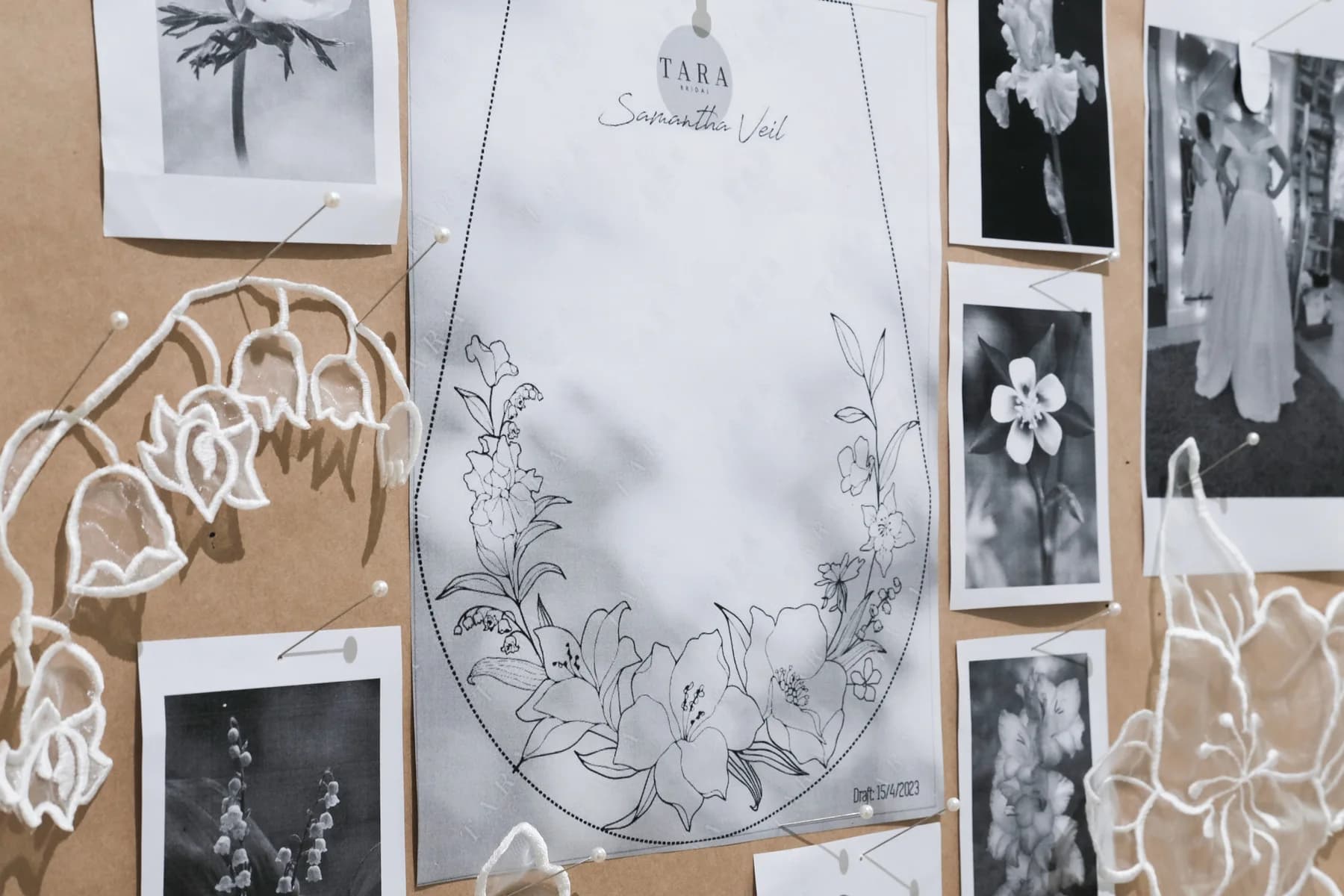 Tara Bridal design moodboard and embroidery samples